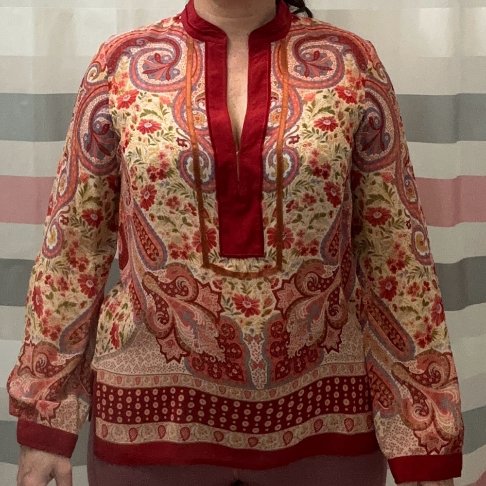 Banana Republic Red and Cream Graphic Blouse with Mandarin Collar